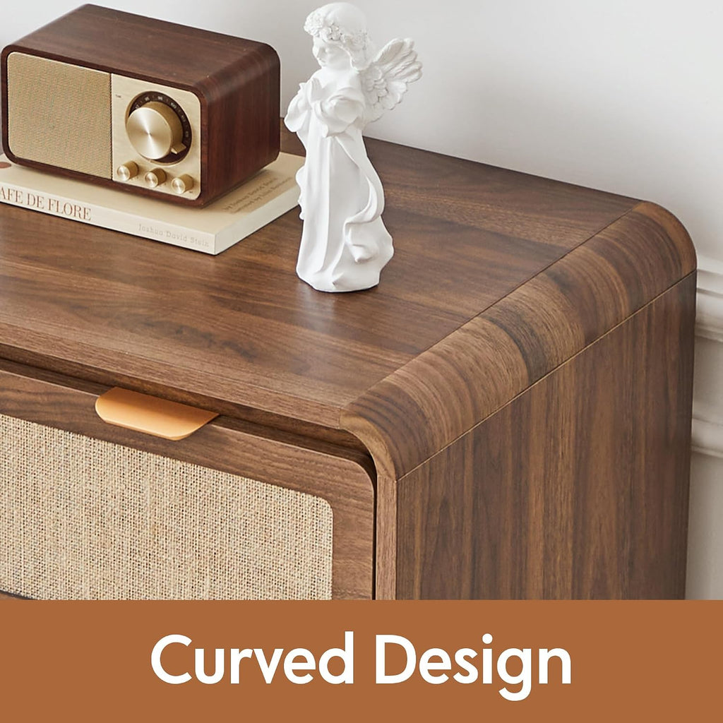 43" Tall 5 Drawer Dresser for Bedroom, Modern Wood Dresser, Walnut | Wooden Tall Dresser, Mid Century Modern Dresser with Natural Linen, Curved Wood Chest of Drawers for Living Room, Hallway
