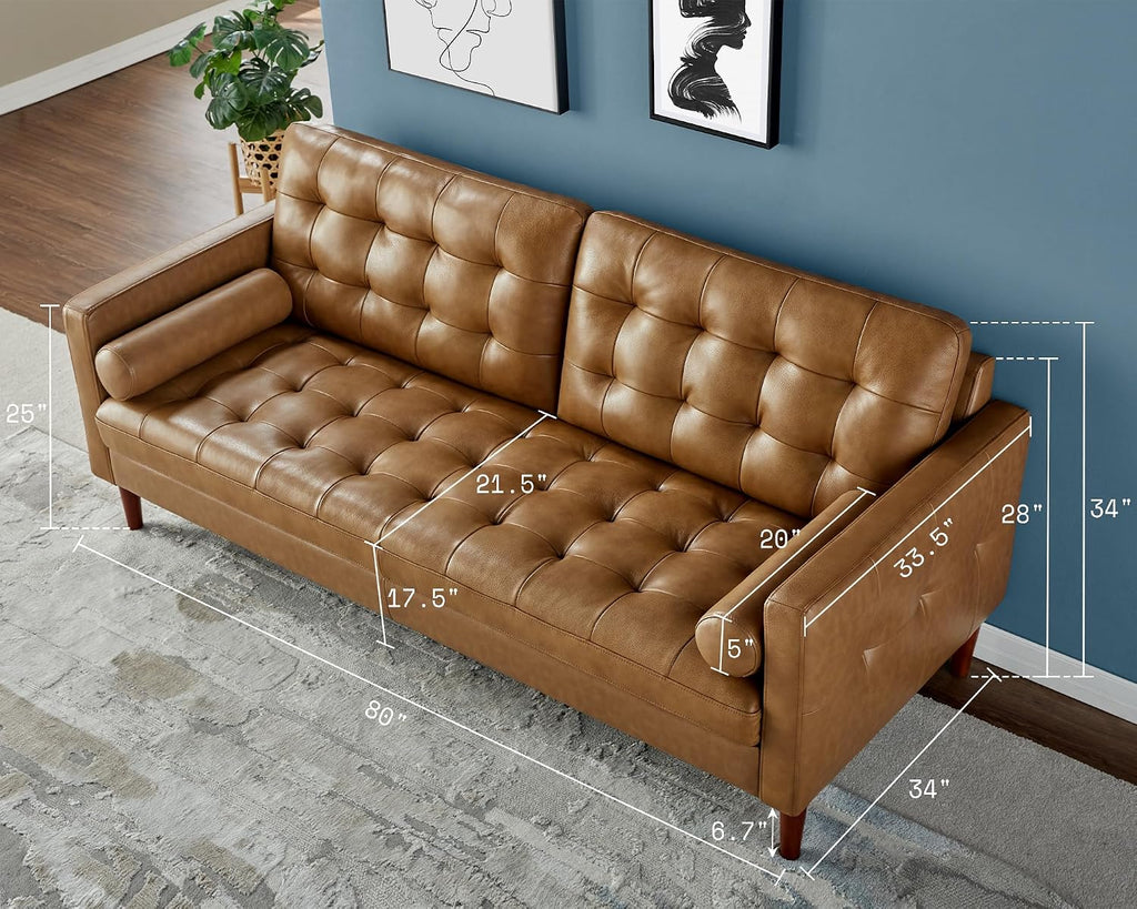 Leather Sofa, Modern Genuine Leather Sofa, 3 Seater Comfy Couch | Genuine Top Grain Leather, Mid Century Modern Sofa for Home Office & Living Room-Brown