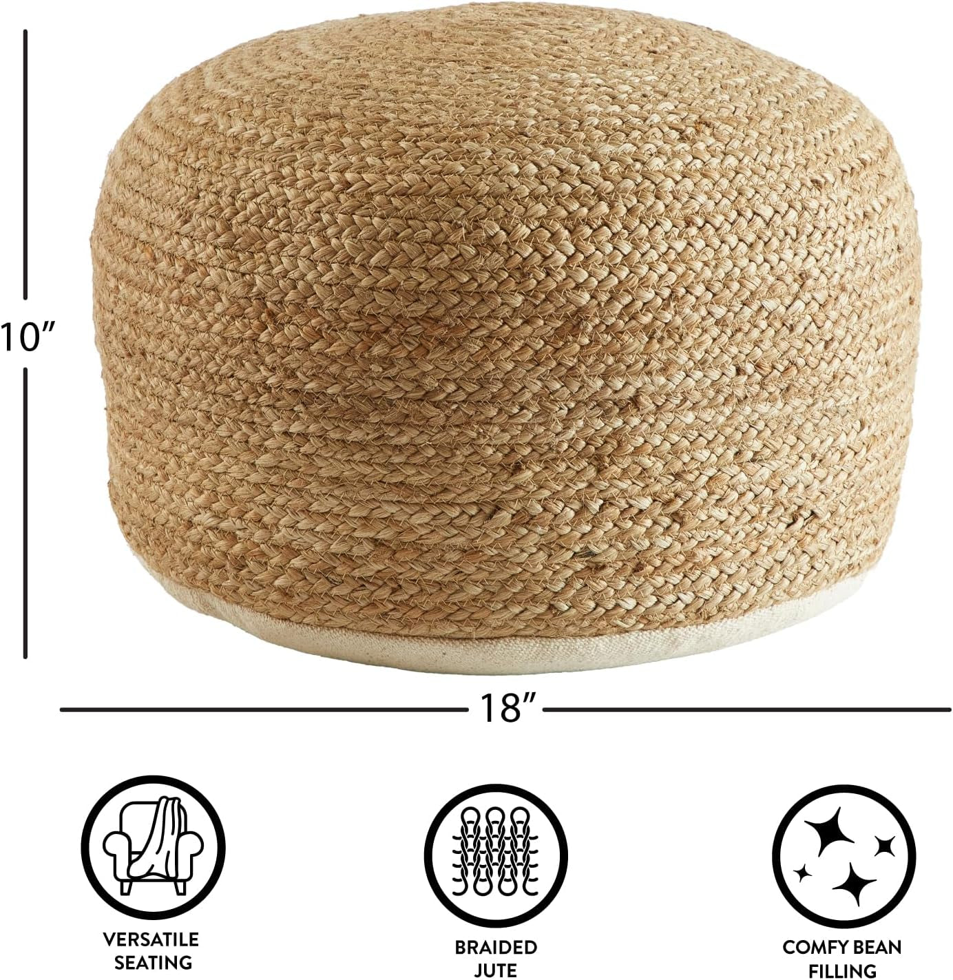 Circular Natural Jute Braided Pouf Ottoman and Footrest, 18"X18"X10"H