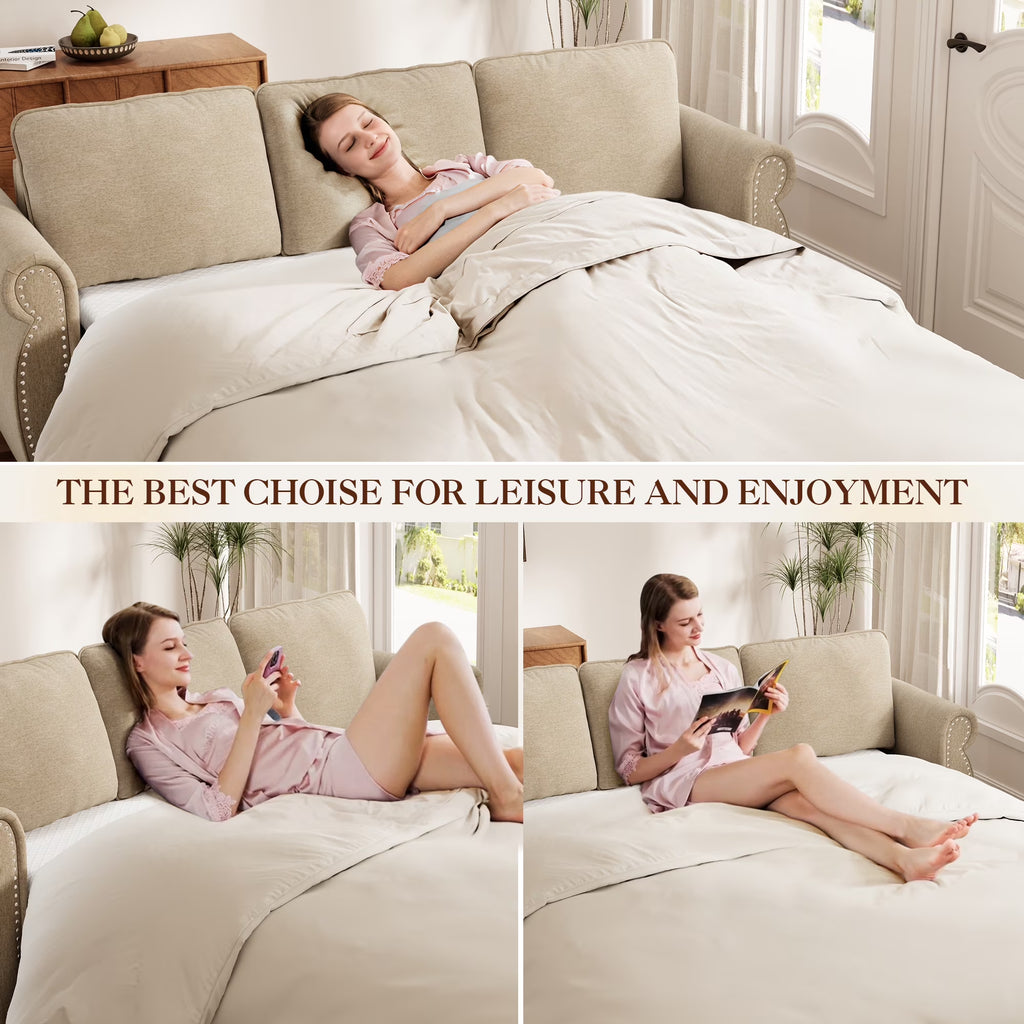 Queen Size Pull Out Sofa Bed, 2-In-1 Convertible Sleeper Couches with Memory Foam Mattress, 3 Seat Sleeper Couch Beds for Living Room, Beige