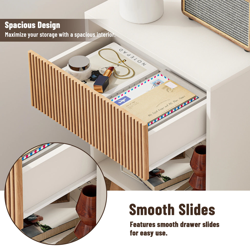 Aesthetic Fluted Nightstand Modern Bedside Table with Wood Drawer & Open Shelf | Mid-Century Room Decor