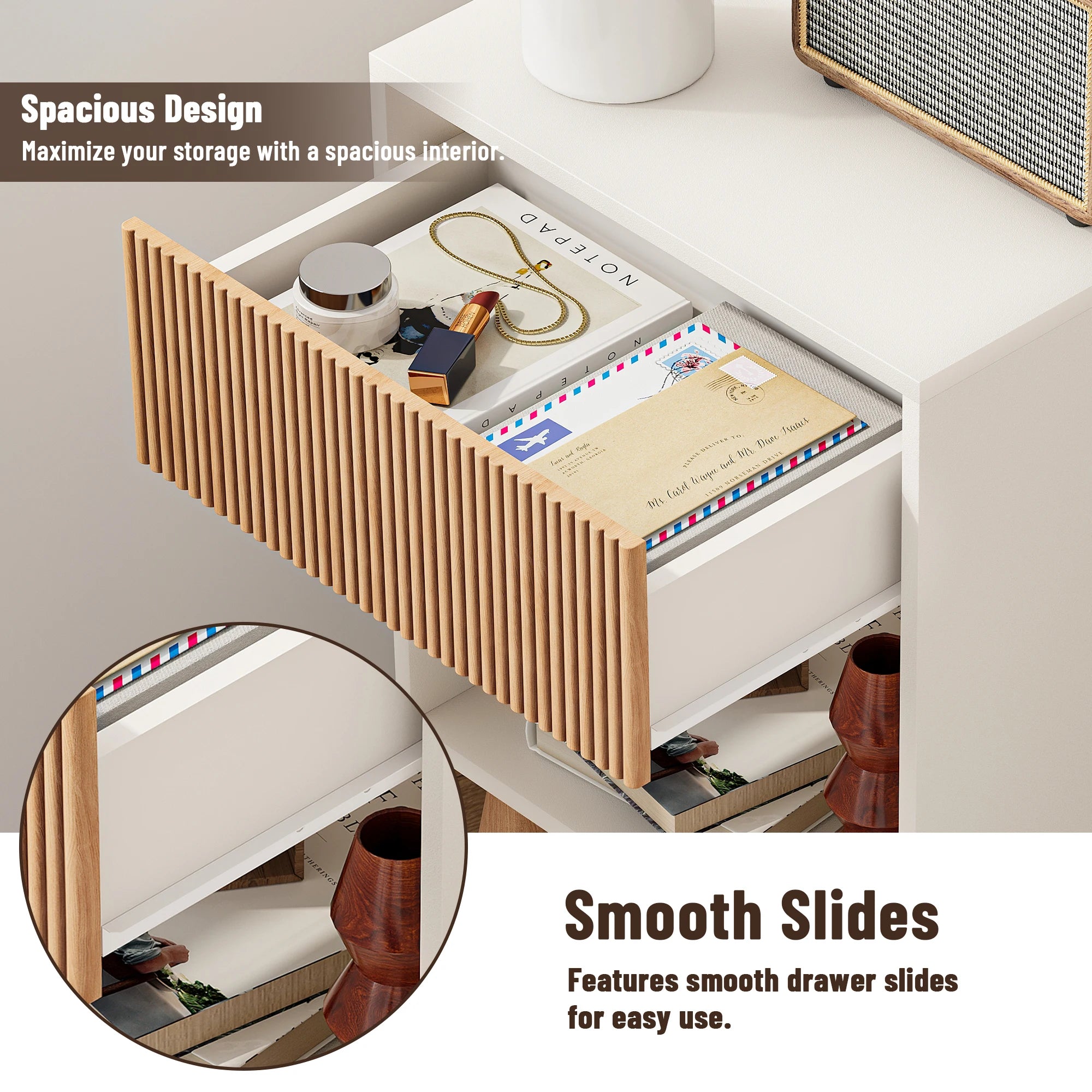 Aesthetic Fluted Nightstand Modern Bedside Table with Wood Drawer & Open Shelf | Mid-Century Room Decor