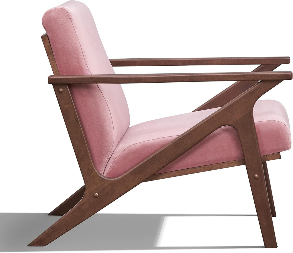 Zola Mid Century Modern Accent Chair Arm Chair: the Perfect Reading, Living Room, and Bedroom Chairs for Modern Home Furniture Use! Solid Wood Frame, Blush Velvet/Walnut