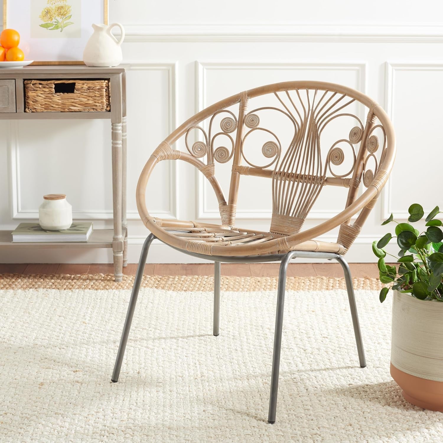 Grey and white rattan round accent chair