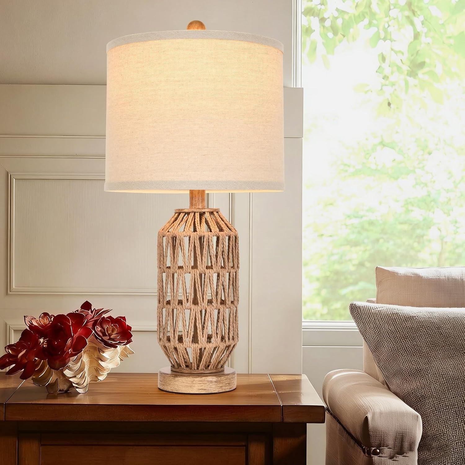22.5” Rattan Table Lamp Set of 2, Woven Boho Lamp for Bedroom Living Room, 11X11X9 Fabric Drum Shade, E26 Base (Max 60W), Stable Wood Base for Nightstand Console