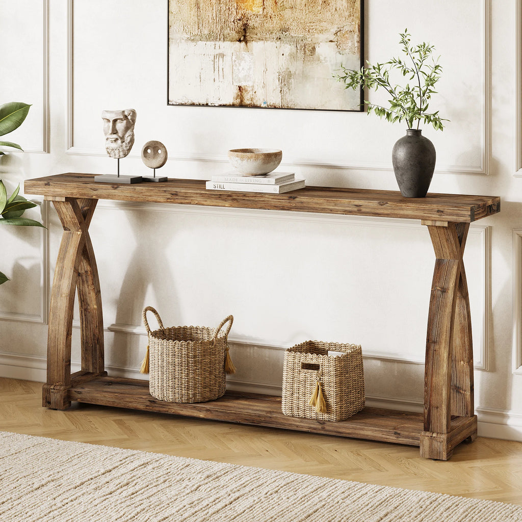 Solid Wood Console Table for Entryway, 63-Inch Narrow Farmhouse Couch Table behind Sofa with 2-Tier Storage for Entrance, Foyer, Living Room, Long, Rustic Brown