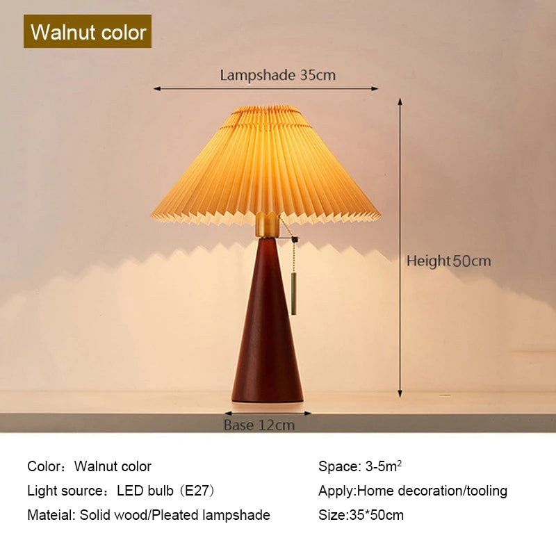 Retro Solid Wood Table Lamp Nordic Vintage Pleated Bedroom Bedside Desk Reading Decorative Wooden Desk Lamp E27 Socket