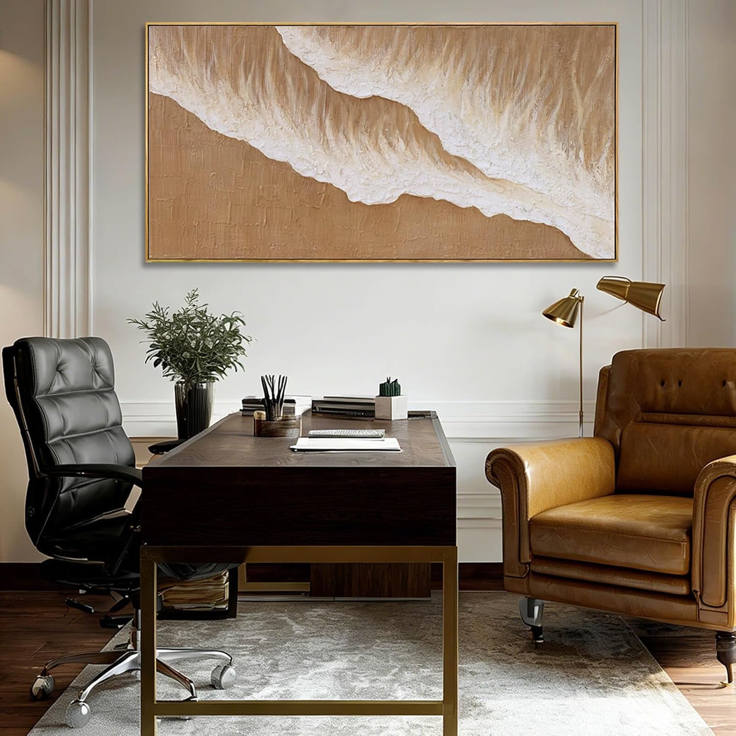 Neutral Beige Textured Canvas Prints 24X48 Inch, Large Framed Artwork with Wooden Frame, Modern Abstract Home Decoration for Bedroom Living Room or Office