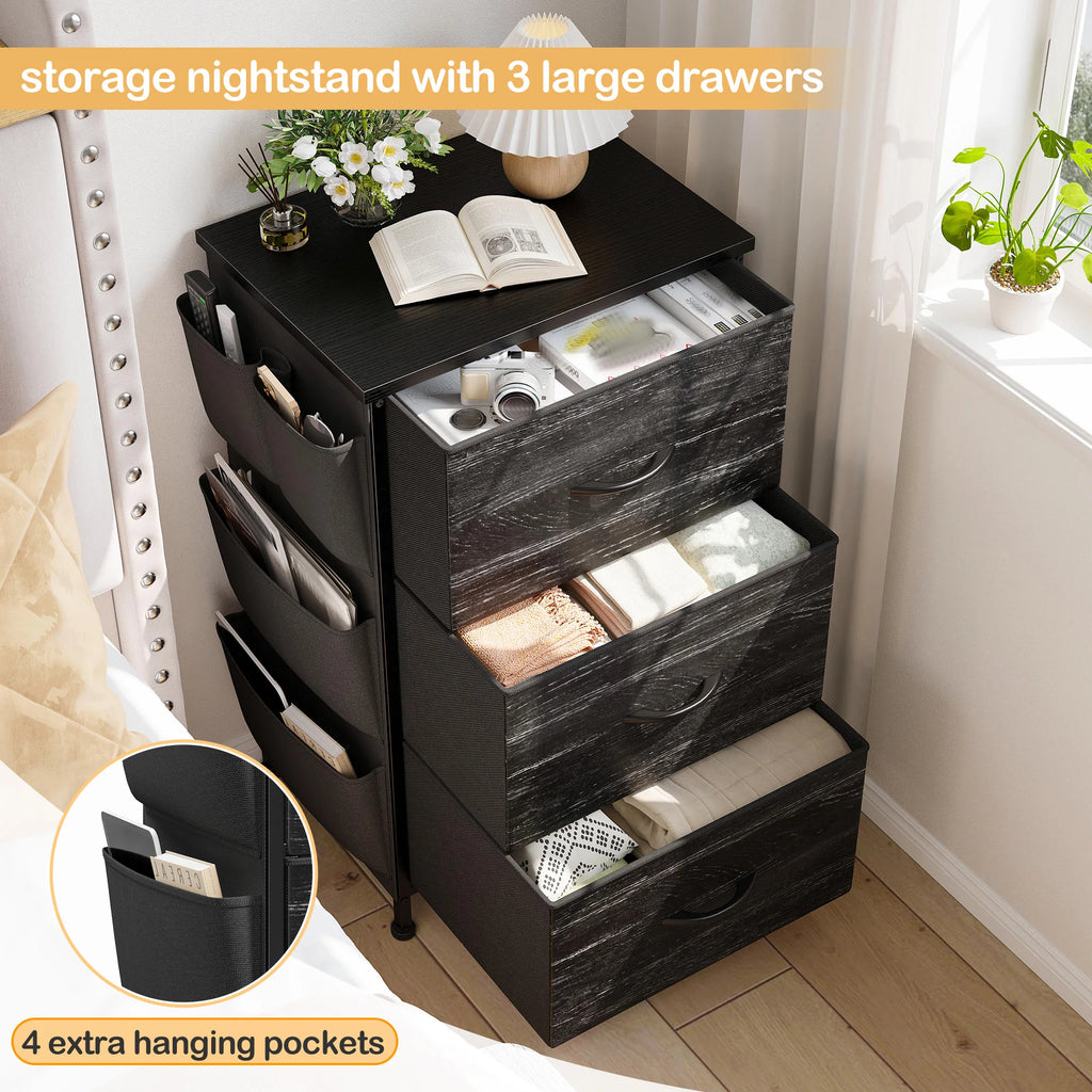 Set of 2 Nightstands, Metal Wood Storage Dresser with 3 Fabric Drawers & Side Storage Pockets for Bedroom, Closet, Hallway, Entryway