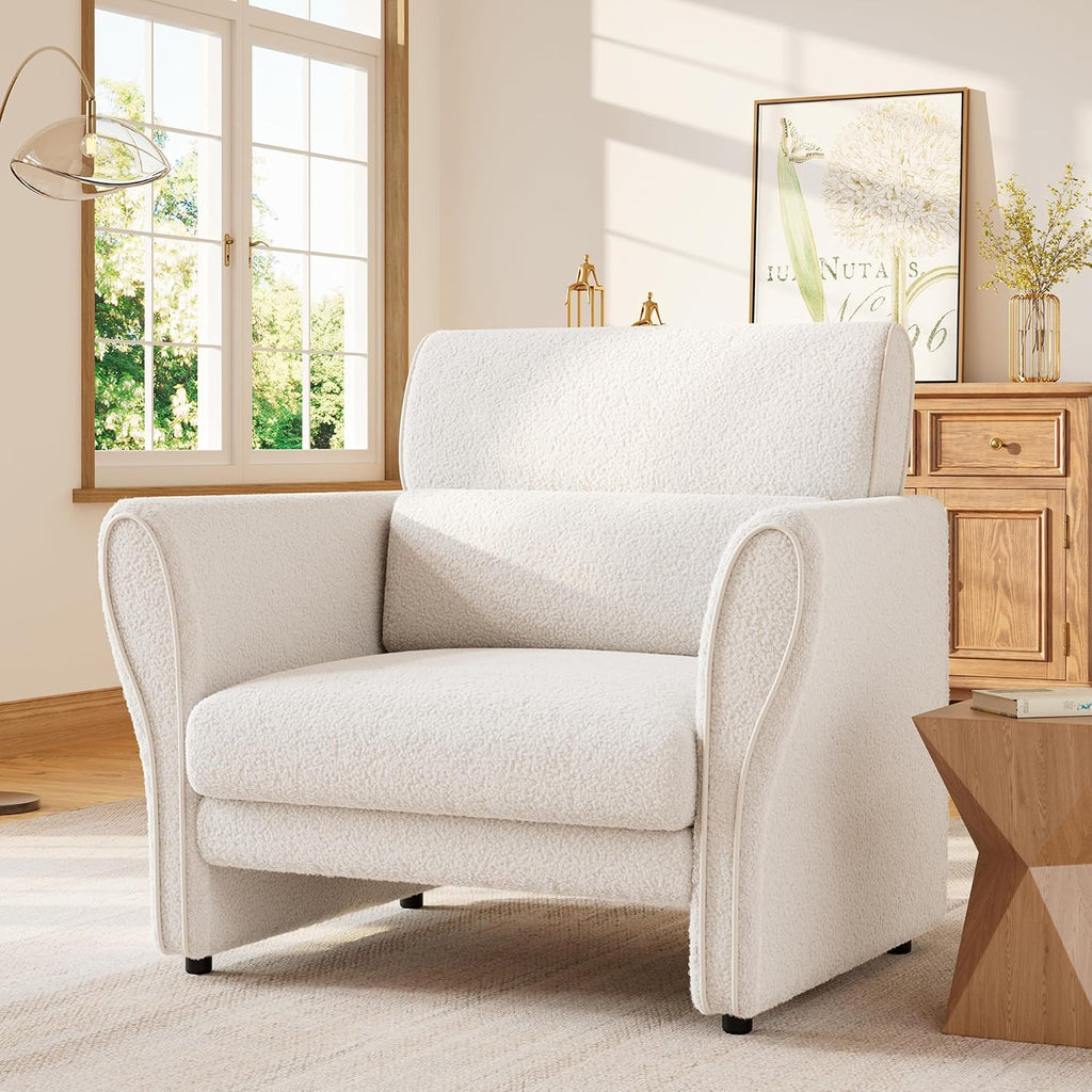Modern Accent Chair, Boucle Upholstered Armchair for Living Room, Mid-Century Lounge Chair, Comfy Single Sofa for Bedroom, Ivory