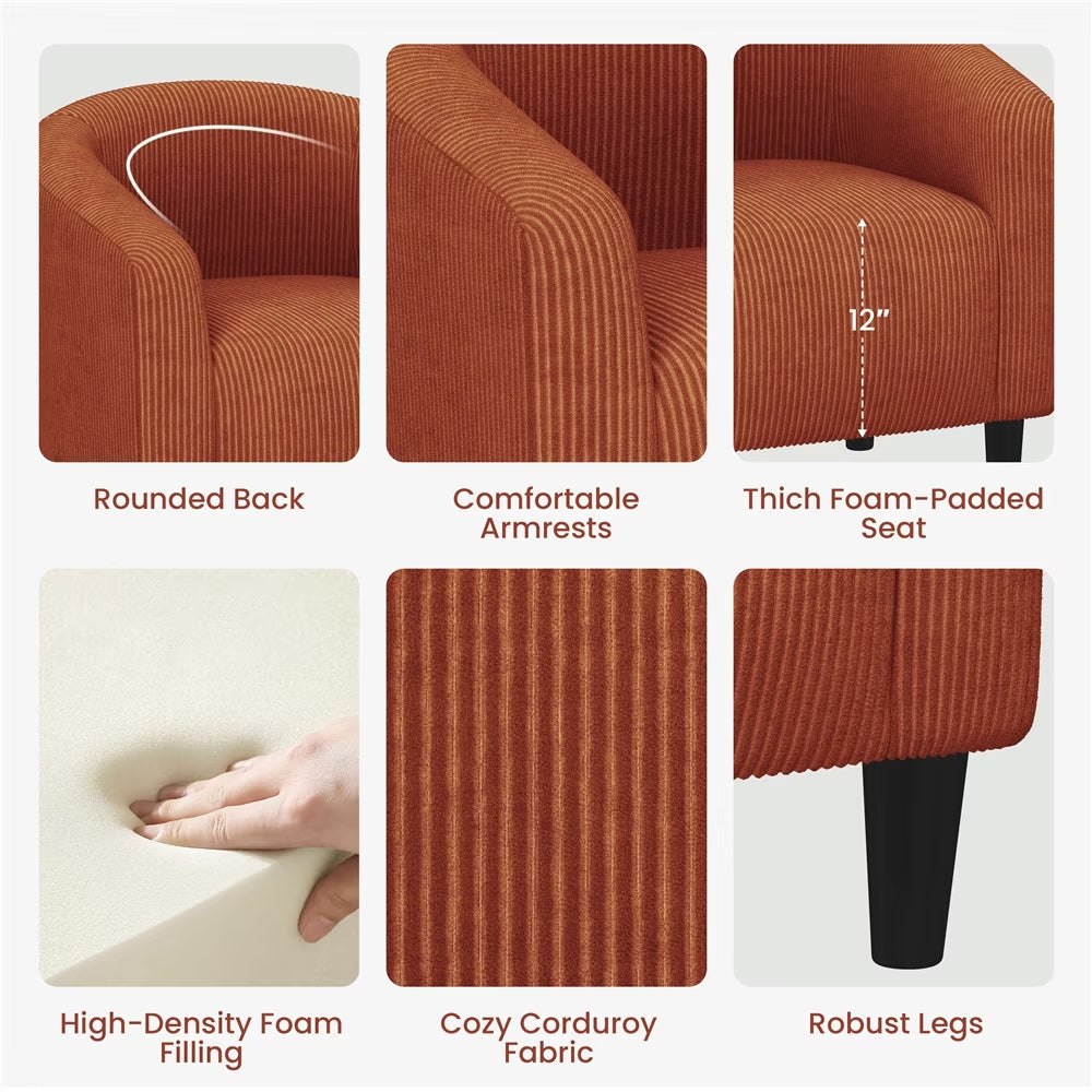 Corduroy Fabric Accent Barrel Chair with Elastic Foam Fills, Brick Red