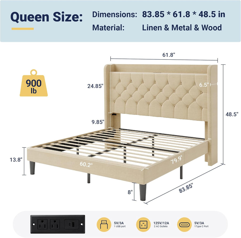 Queen Bed Frame, Storage Headboard & Charging Station, Beige | Velvet Upholstered Platform Bed with Button Tufted Wingback Headboard, No Box Spring Needed, Noise-Free, Easy Assembly