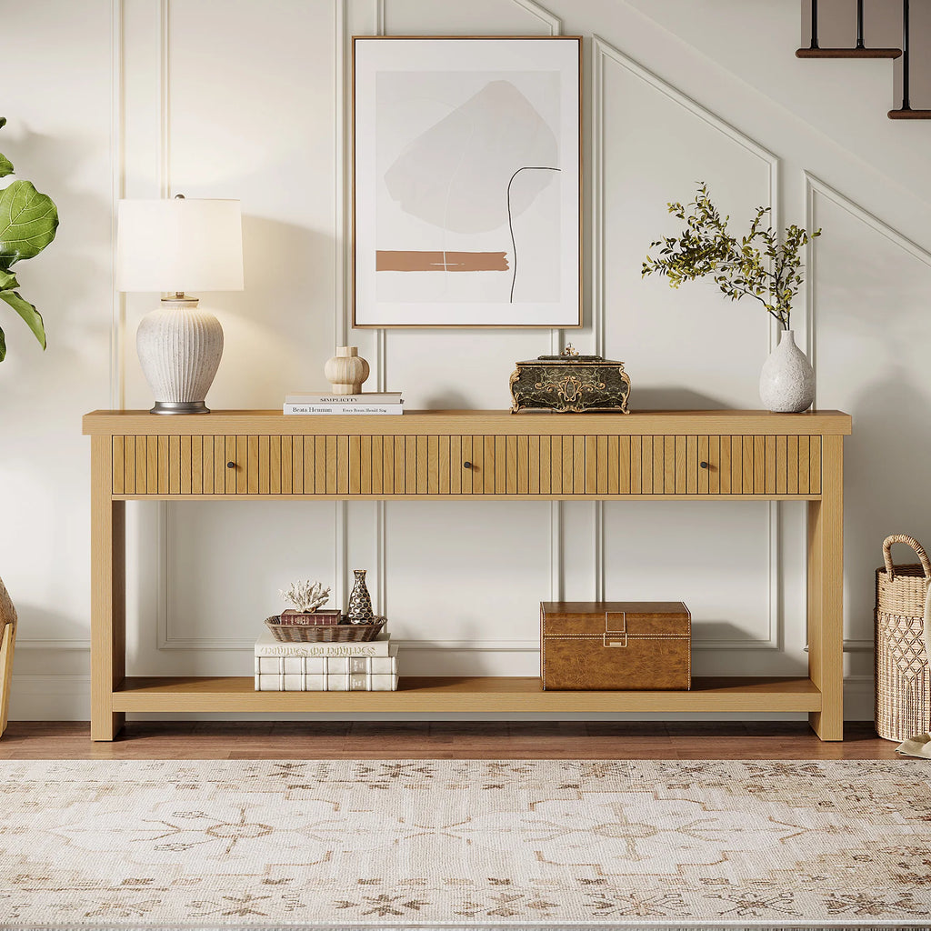 70.9 Inch Console Table with 3 Drawers, Extra Long Entryway Table, Wood Sofa Table Oak Furniture with Open Storage Shelves Wooden Couch Table