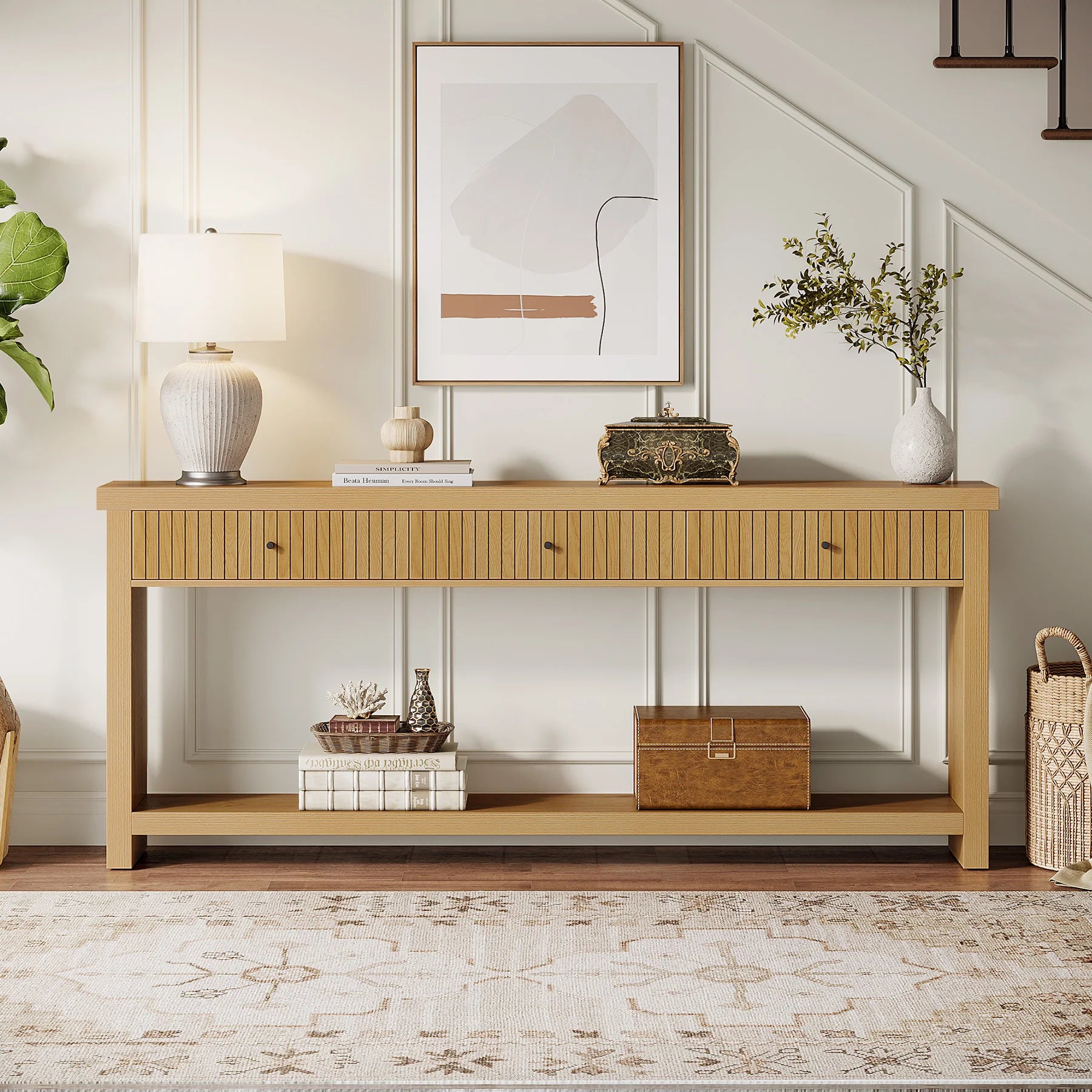 70.9 Inch Console Table with 3 Drawers, Extra Long Entryway Table, Wood Sofa Table Oak Furniture with Open Storage Shelves Wooden Couch Table