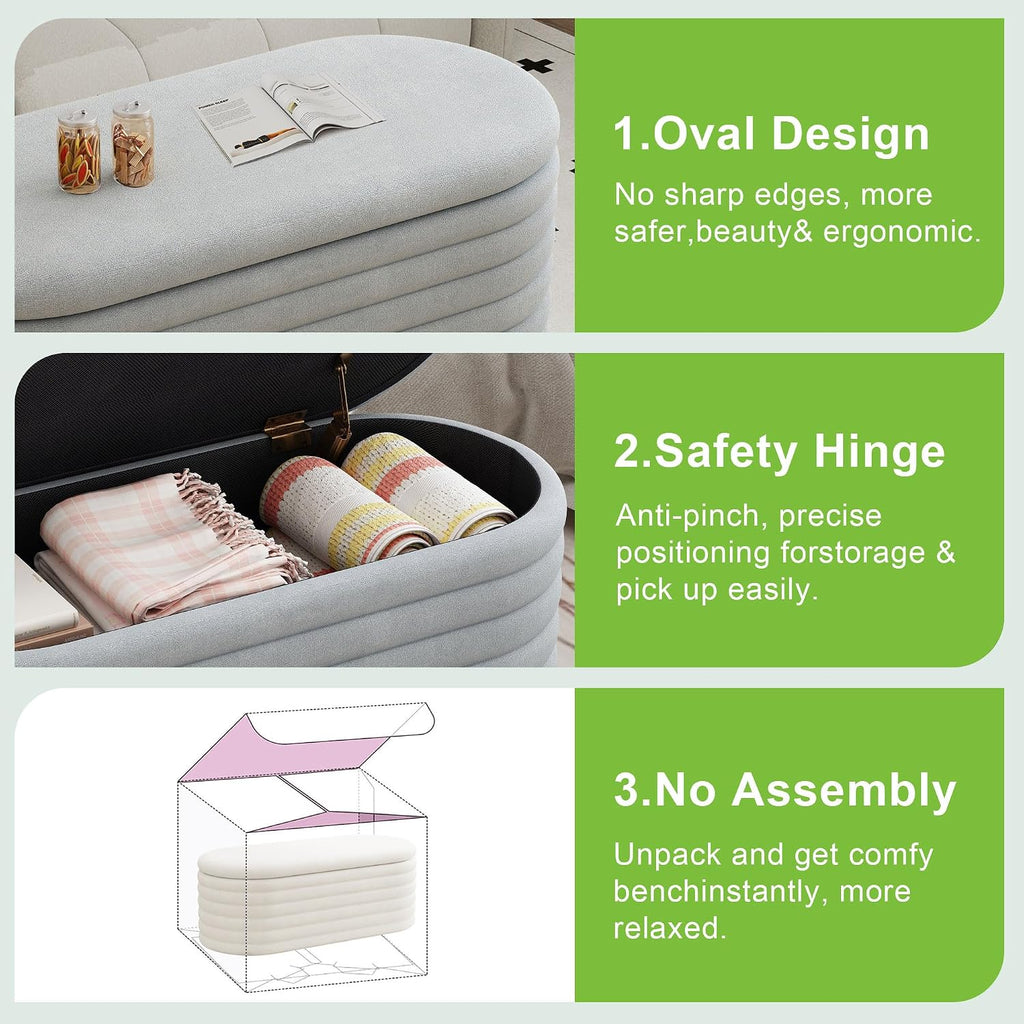 Storage Ottoman Bench,Chenille Upholstered Fabric Storage Bench for Bedroom End of Bed,Oval Ottoman with Storage & Safty Hinges,Entryway Bench for Living Room,Hallway,Front of Window,40"
