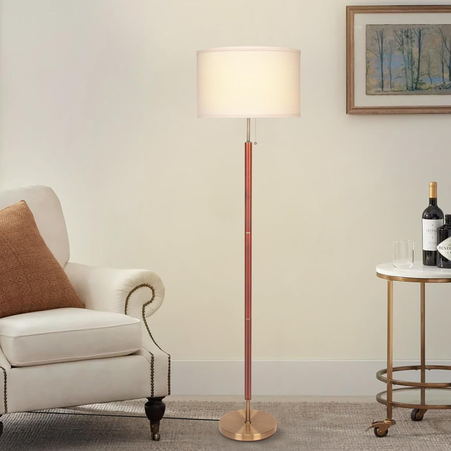 Mid-Century Modern Floor Lamp, Walnut Wood Finish, Drum Shade, Living Room Décor (64In, E26 LED)