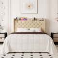 Queen Bed Frame, Storage Headboard & Charging Station, Beige | Velvet Upholstered Platform Bed with Button Tufted Wingback Headboard, No Box Spring Needed, Noise-Free, Easy Assembly
