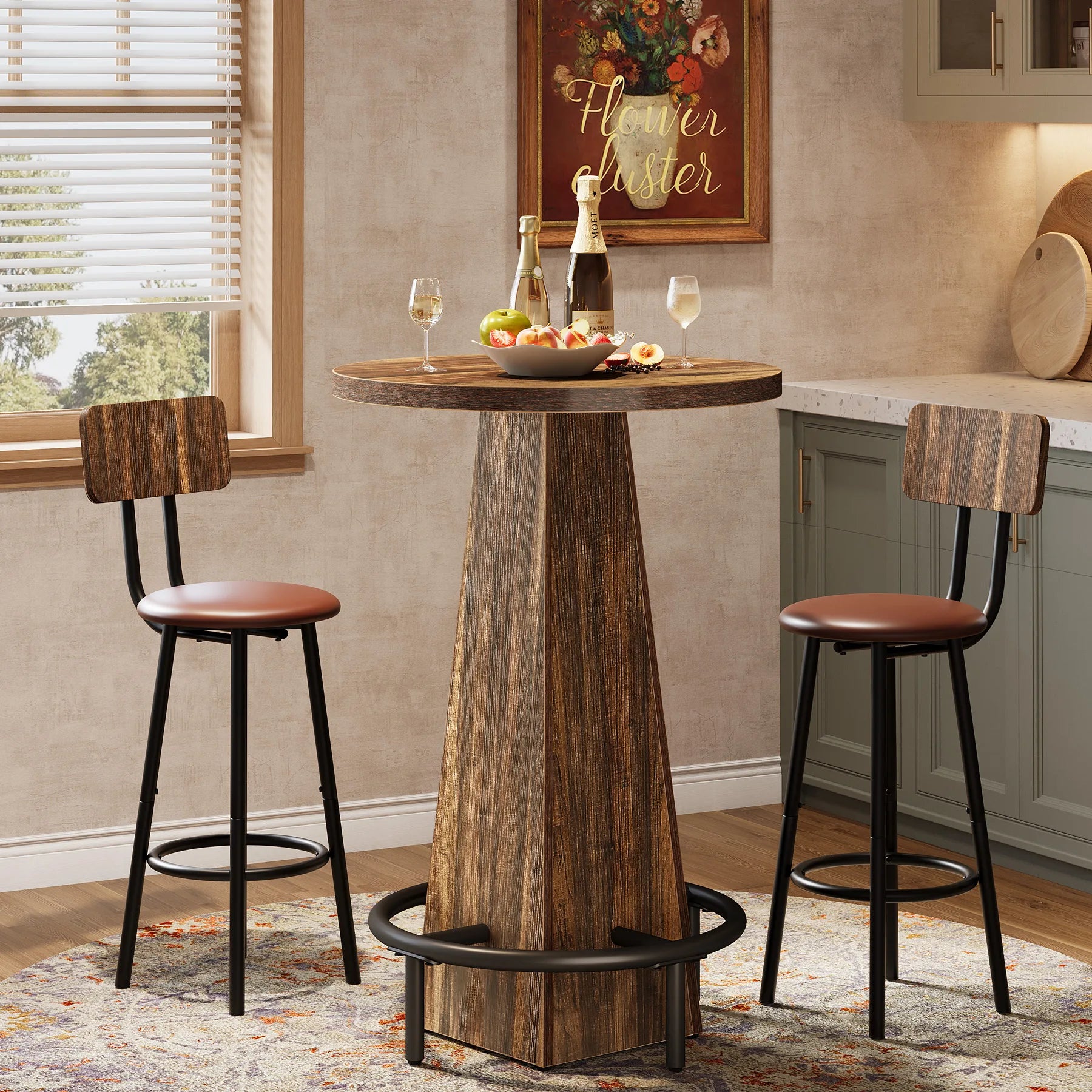 round Bar Table, 37.4" High Pub Table with Metal Footrest, Drink Bar Station for Small Bars, Dining Room, Kitchen, Brown (Only Table)
