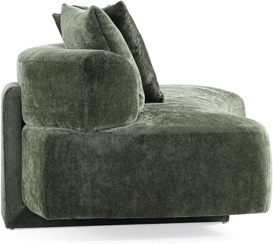 Verandah 90.6” Chenille Sofa with 4 Accent Pillows, Curved Back, Upholstered Wrap around Legs, Mid-Century Modern Living Room Furniture, Fully Assembled Couch, Olive Green