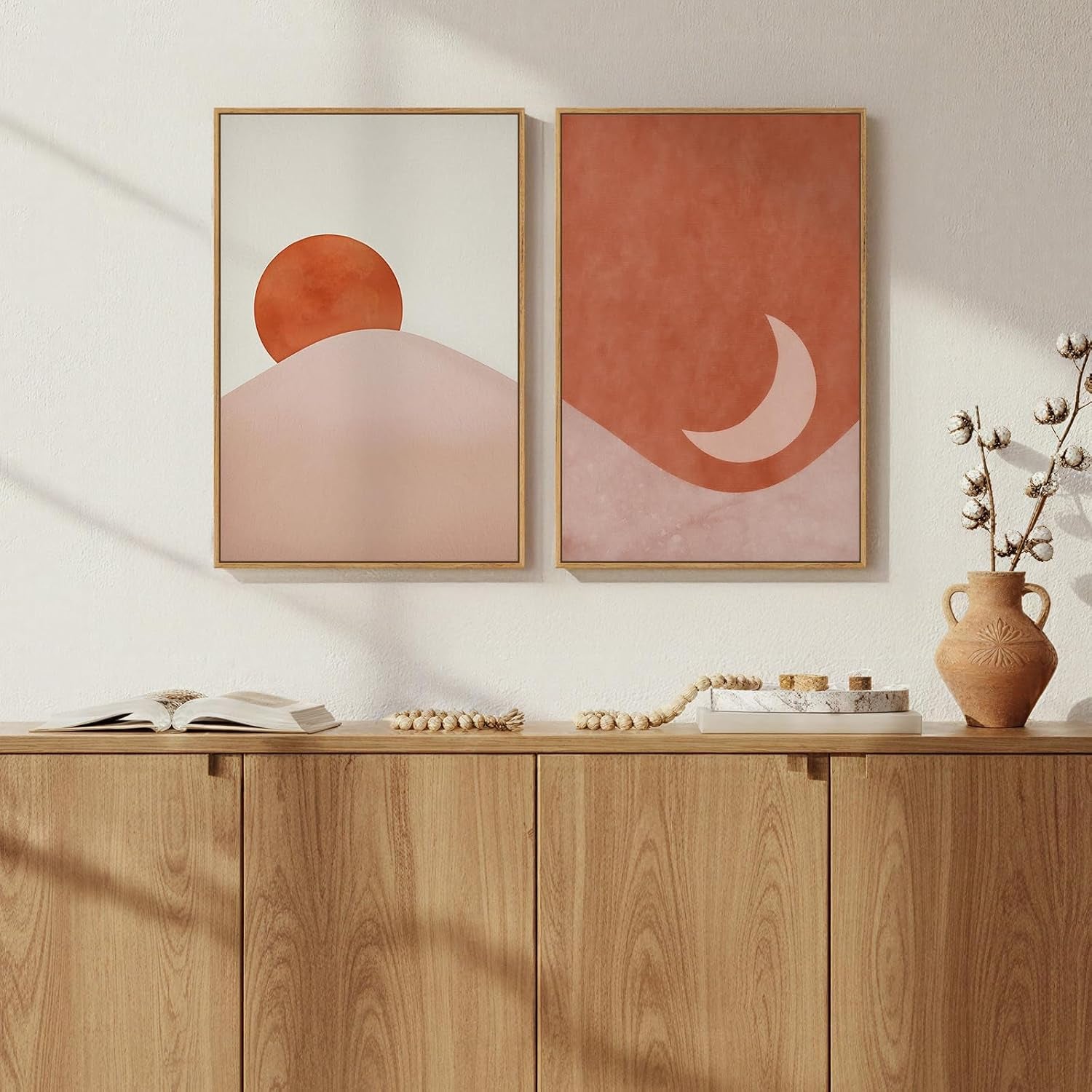 Framed Boho Terracotta Sun and Moon Canvas Wall Art Bedroom, 20X30 Inch | Sun and Moon, Set of 2, Canvas Print, Bohemian Pictures, Mid Century Modern, Terracotta Beige Artwork, Dining Room Wall Decor