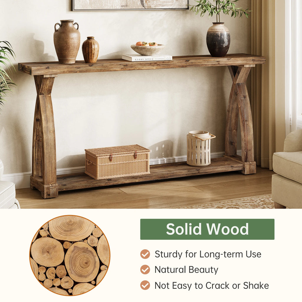 Solid Wood Console Table for Entryway, 63-Inch Narrow Farmhouse Couch Table behind Sofa with 2-Tier Storage for Entrance, Foyer, Living Room, Long, Rustic Brown