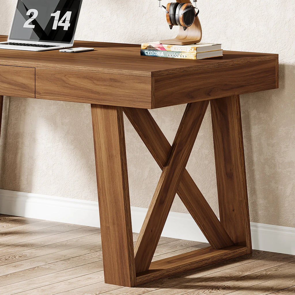 55 Inch Walnut Computer Desk with Drawer, Mid-Century Farmhouse Executive Desk, Rustic Wide Desktop Home Office Desk for Workstation