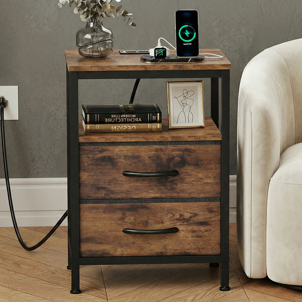 2 Fabric Drawers Nightstands Set of 2 with Open Shelf Bedside Table with USB Ports Charging Station for Living Room Bedroom