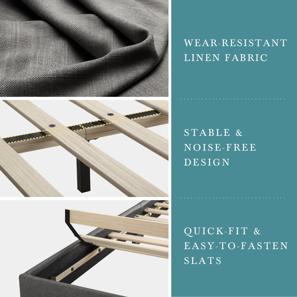 Upholstered linen bed frame with adjustable headboard