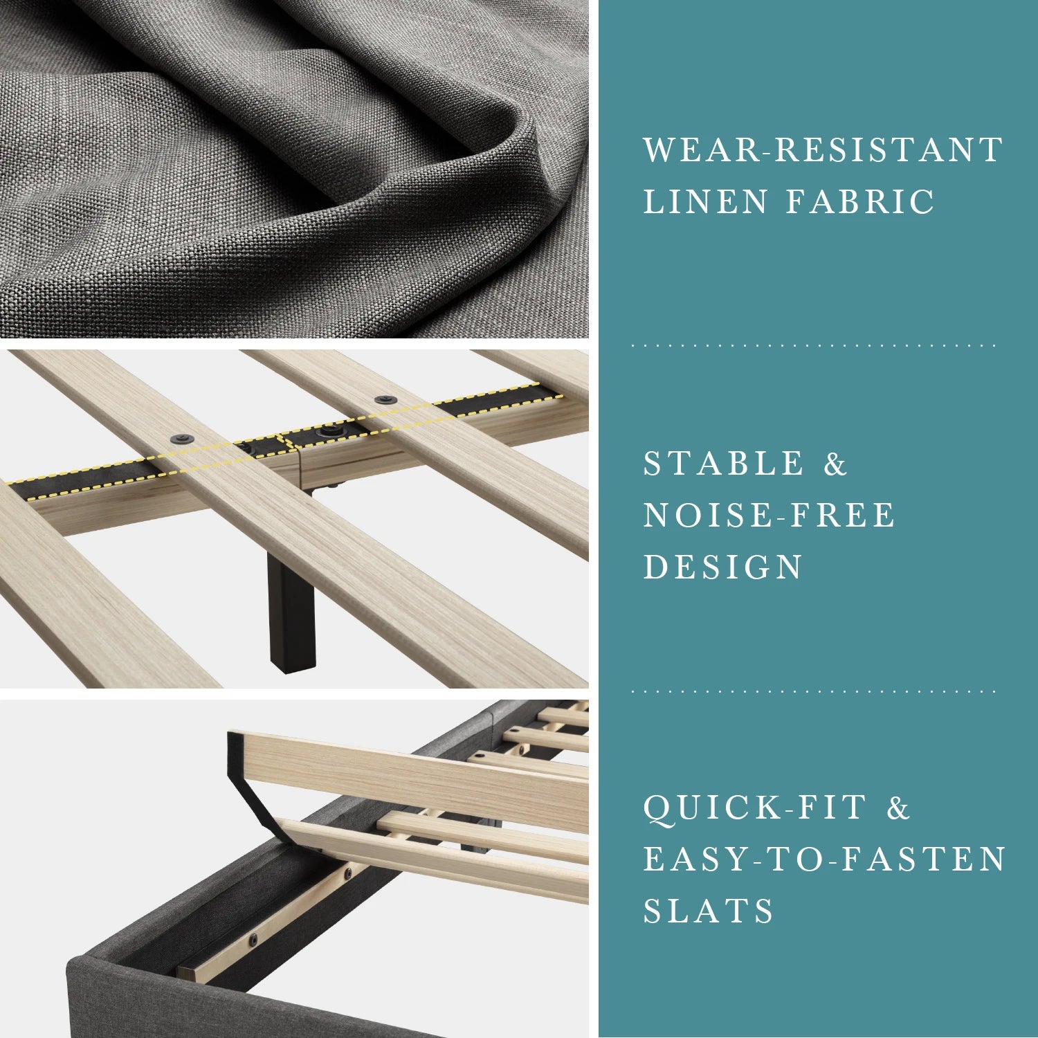 Upholstered linen bed frame with adjustable headboard