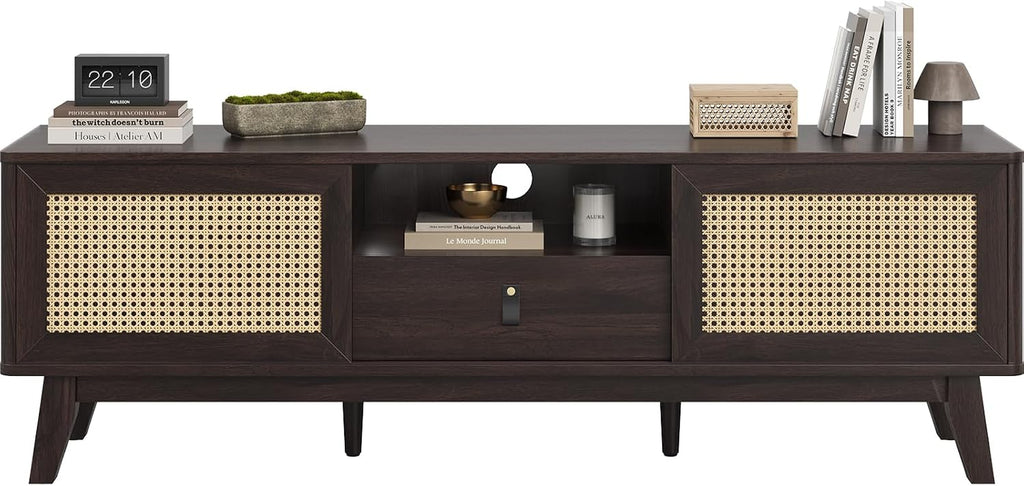 Rattan TV Stand for Tvs, Wood TV Stand Mid Century Modern TV Stand TV Media Console with Drawer and 2 Cabinets, Boho Entertainment Center for Living Room