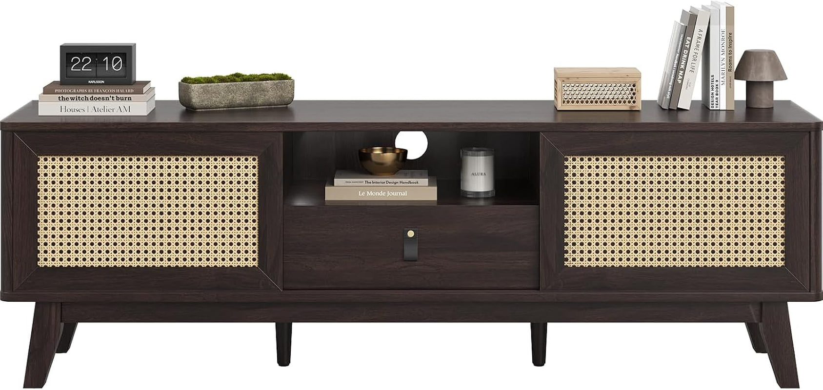 Rattan TV Stand for Tvs, Wood TV Stand Mid Century Modern TV Stand TV Media Console with Drawer and 2 Cabinets, Boho Entertainment Center for Living Room