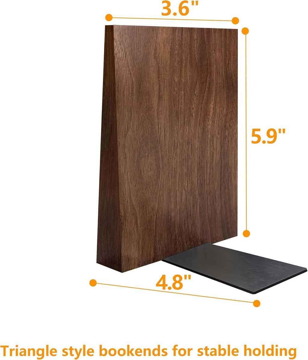 Decorative Bookends-Non Skid Triangle Walnut Bookend 6X5X4In 2Pack | Sturdy Triangle Design Bookends Supports Heavy Textbooks & Binders Upright, Adds Elegance to Desk Shelf in Office,Study,Home