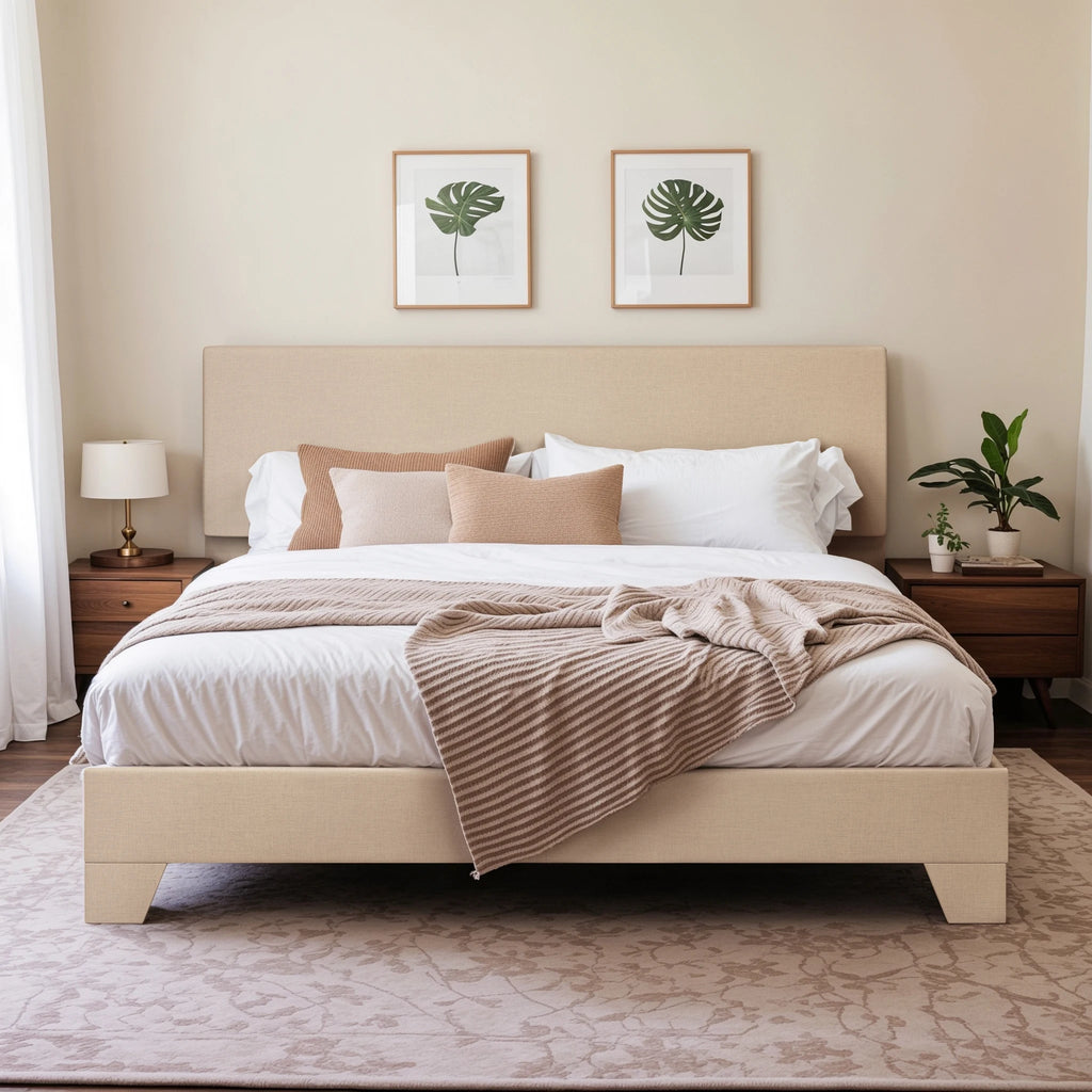 Upholstered linen bed frame with adjustable headboard
