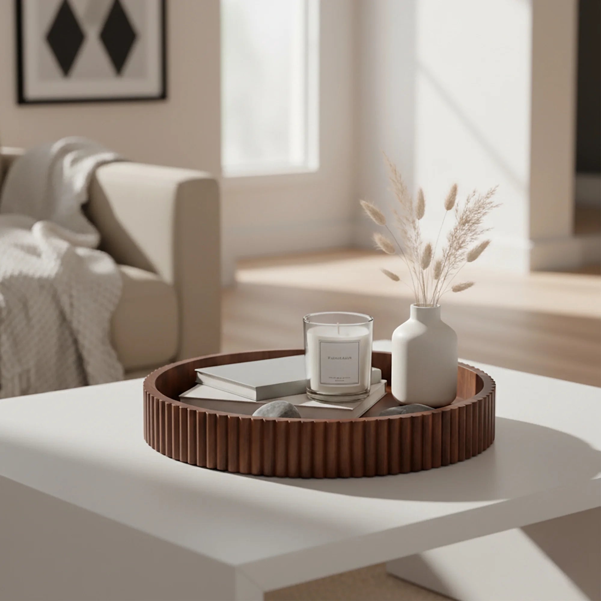Ribbed Wood Decorative Tray, Walnut Finish, 16.4"