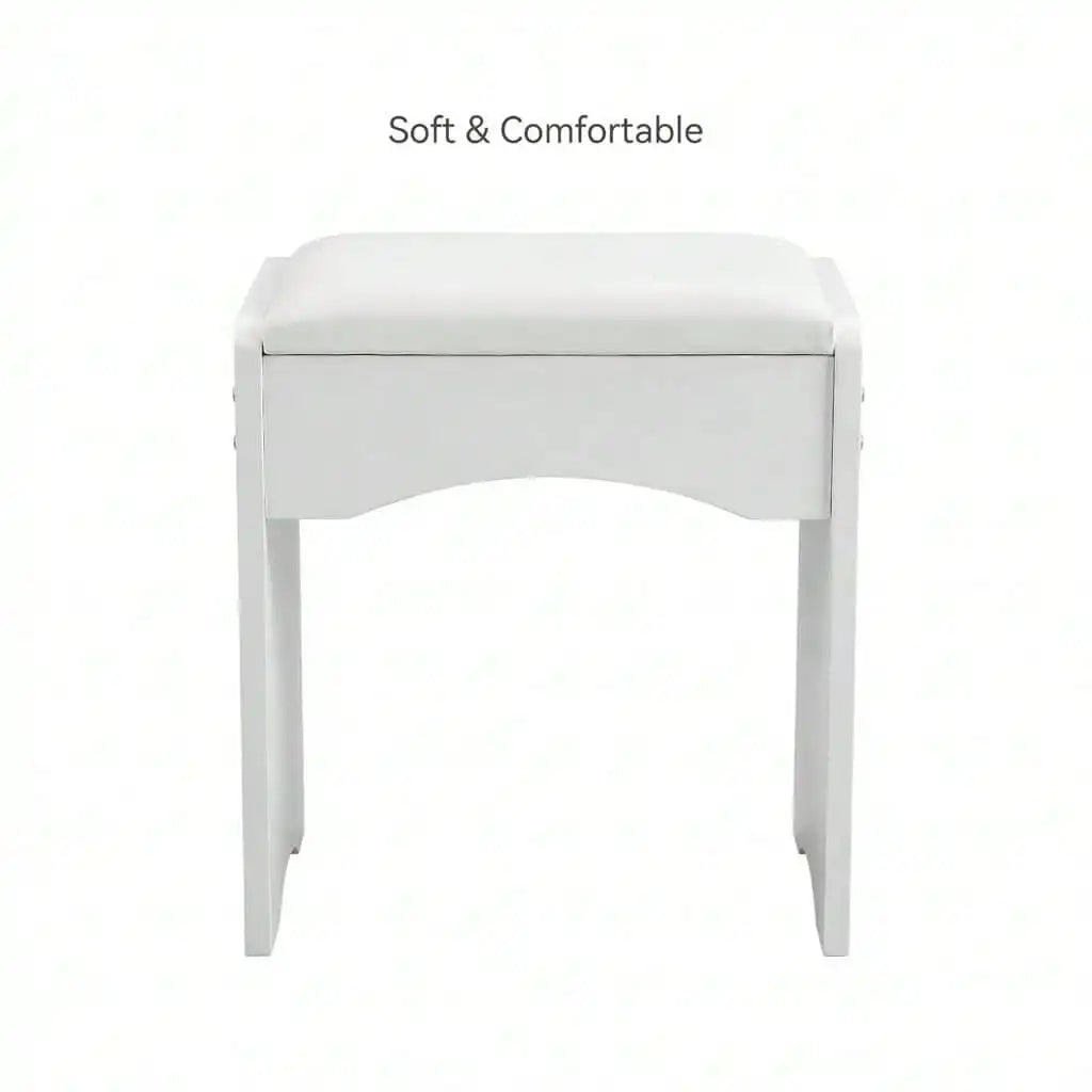 Modern Upholstered Vanity Stool with Storage, Soft Padded Seat Makeup Chair, White & Grey Accent Stool for Bedroombathroom