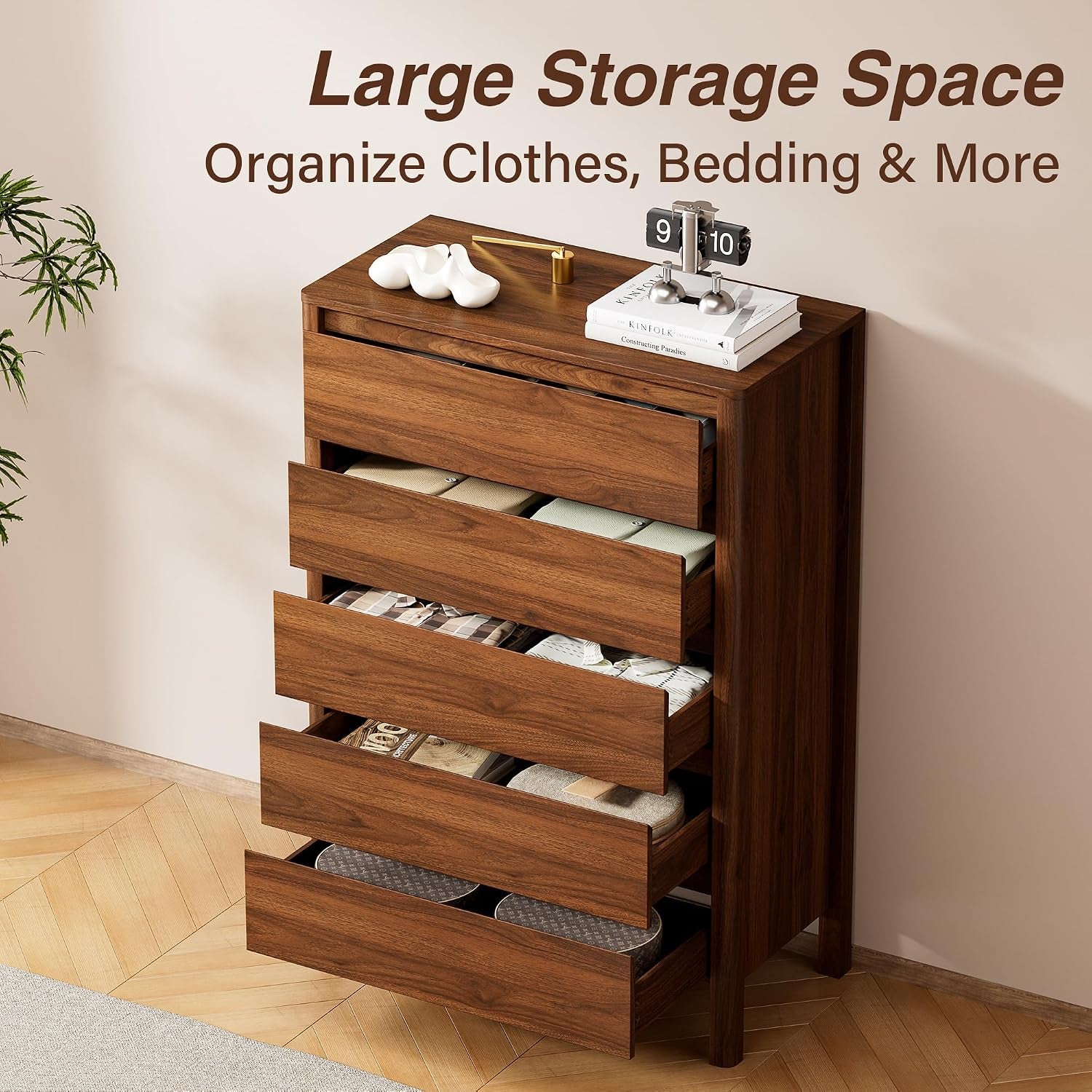 Walnut Dresser for Bedroom, 5 Drawer Dresser with Wood Legs, Tall Wood Dresser, Mid Century Modern Chest of Drawers, Large Storage Bedroom Furniture, Walnut
