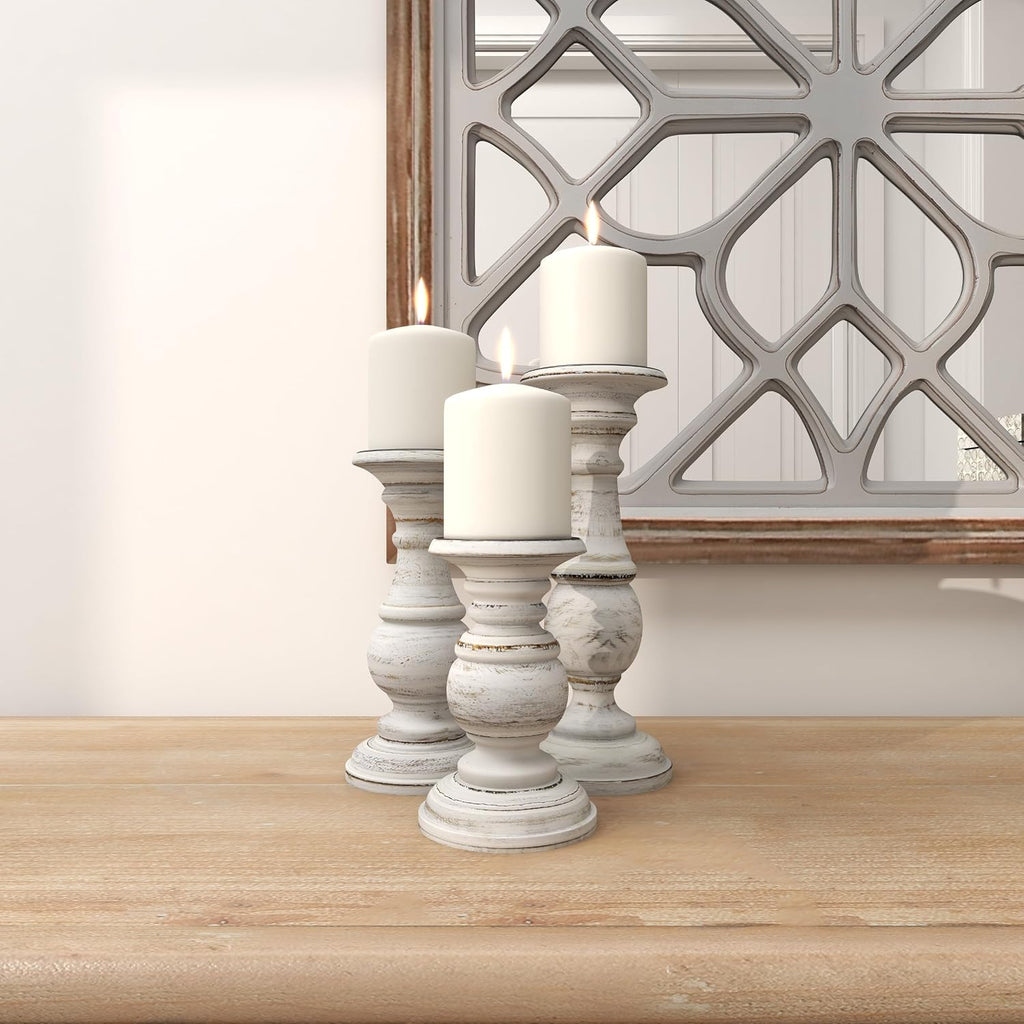 Deco 79 Mango Wood Decorative Candle Holder Turned Style Pillar Candle Stand, Set of 3 Candlestick Holder 10", 8", 6”H, White
