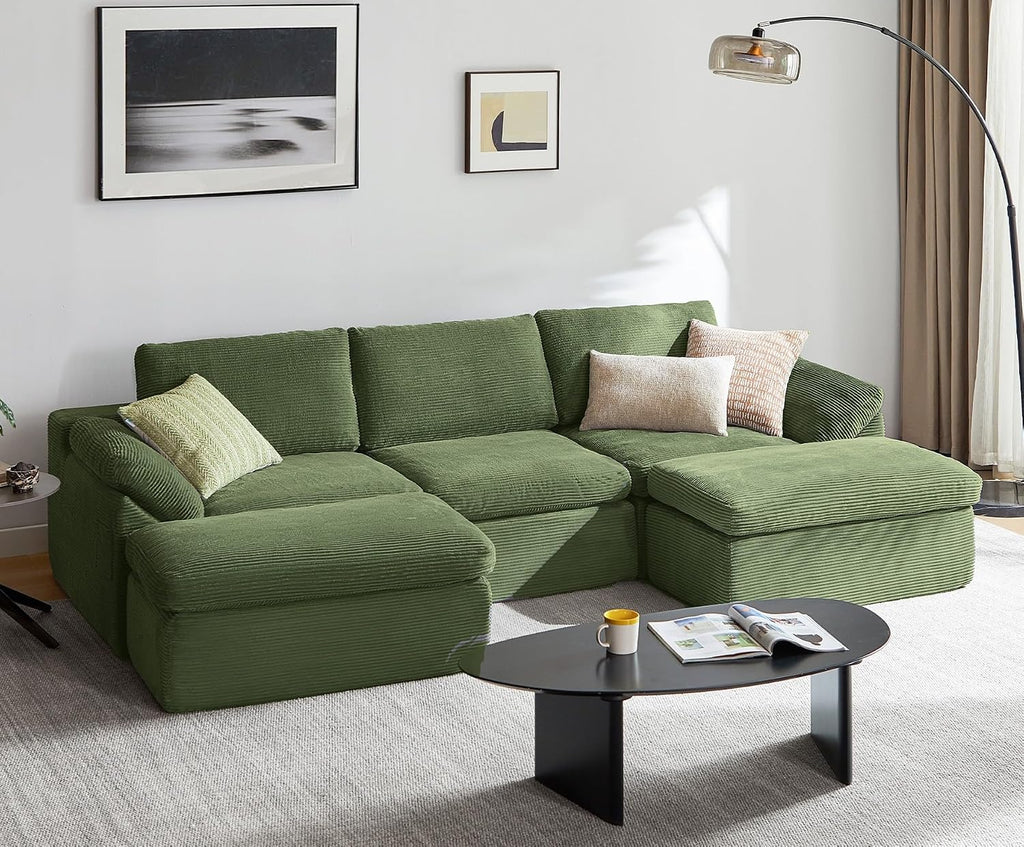 109" Modular Couch Modern Boneless Cloud Couch, U Shaped Sofa with Movable Ottomans, Deep Seat Corduroy Sectional Couches for Living Room, Apartment, No Assembly Required, Green