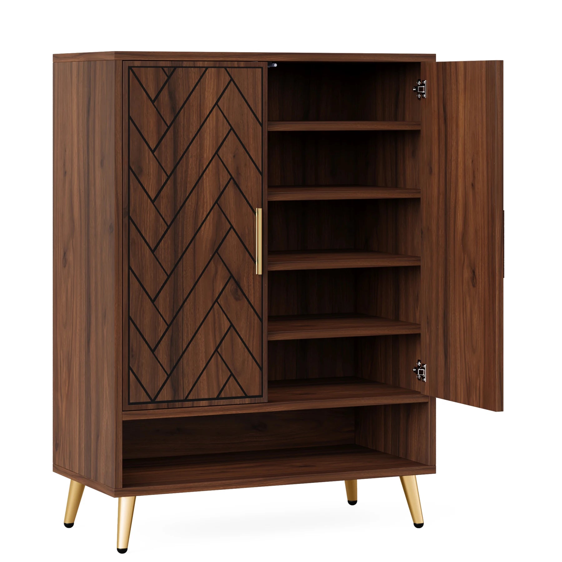 6-Tier Shoe Cabinet with Doors, Walnut Wooden Shoe Storage Cabinet with Adjustable Shelves for Entryway