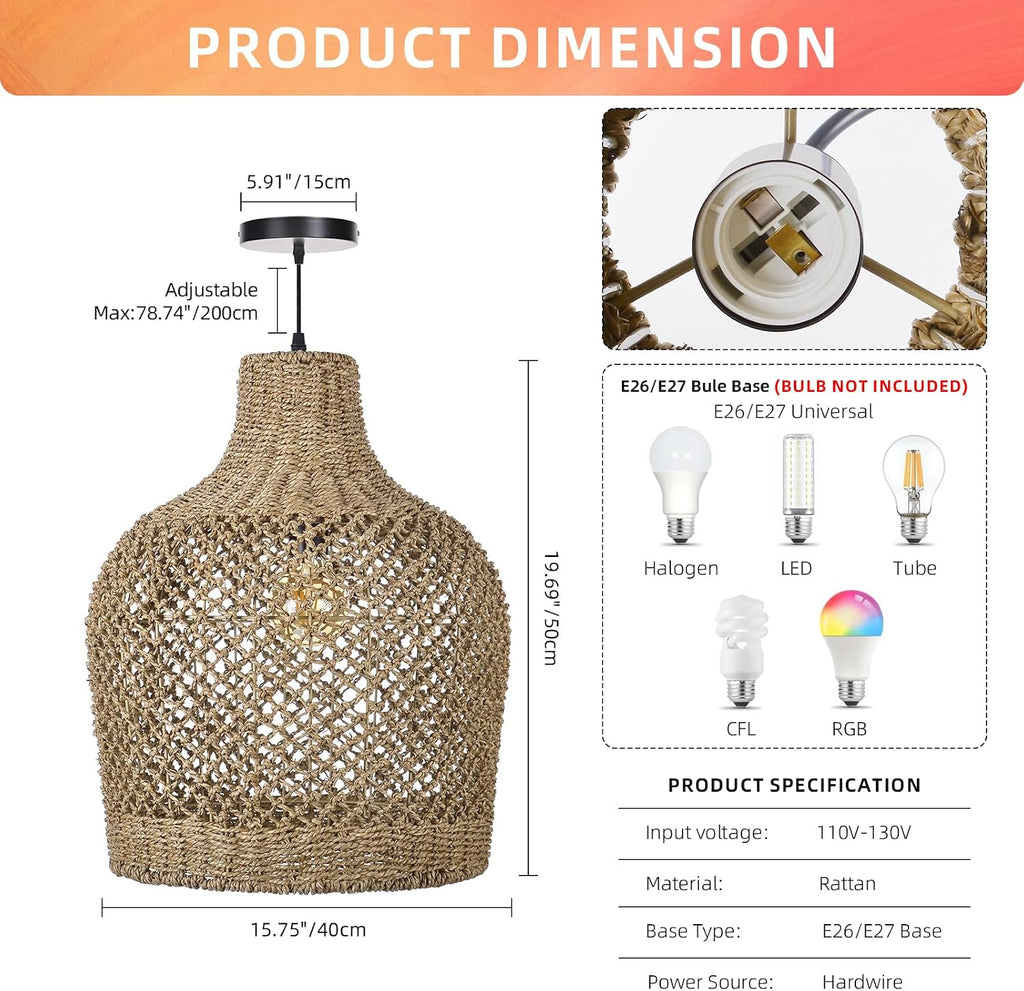 1 Light Rattan Pendant Light Rattan Chandelier Handwoven Boho Coastal Pendant Lampshade Wicker Basket Ceiling Light Hanging Light for Dining Living Room D 15.7″* 19.6″