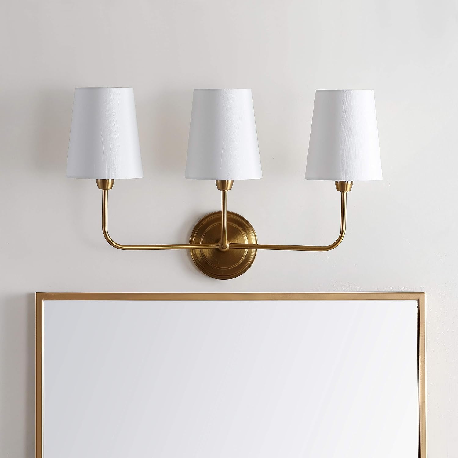 SAFAVIEH Lighting - Sawyer 3-Light 22-Inch Wall Sconce - Brass - Fabric Shade - Contemporary Design - Ideal for Vanity, Hallway, Bedroom, Bathroom - LED Bulb Included (SCN4016A)