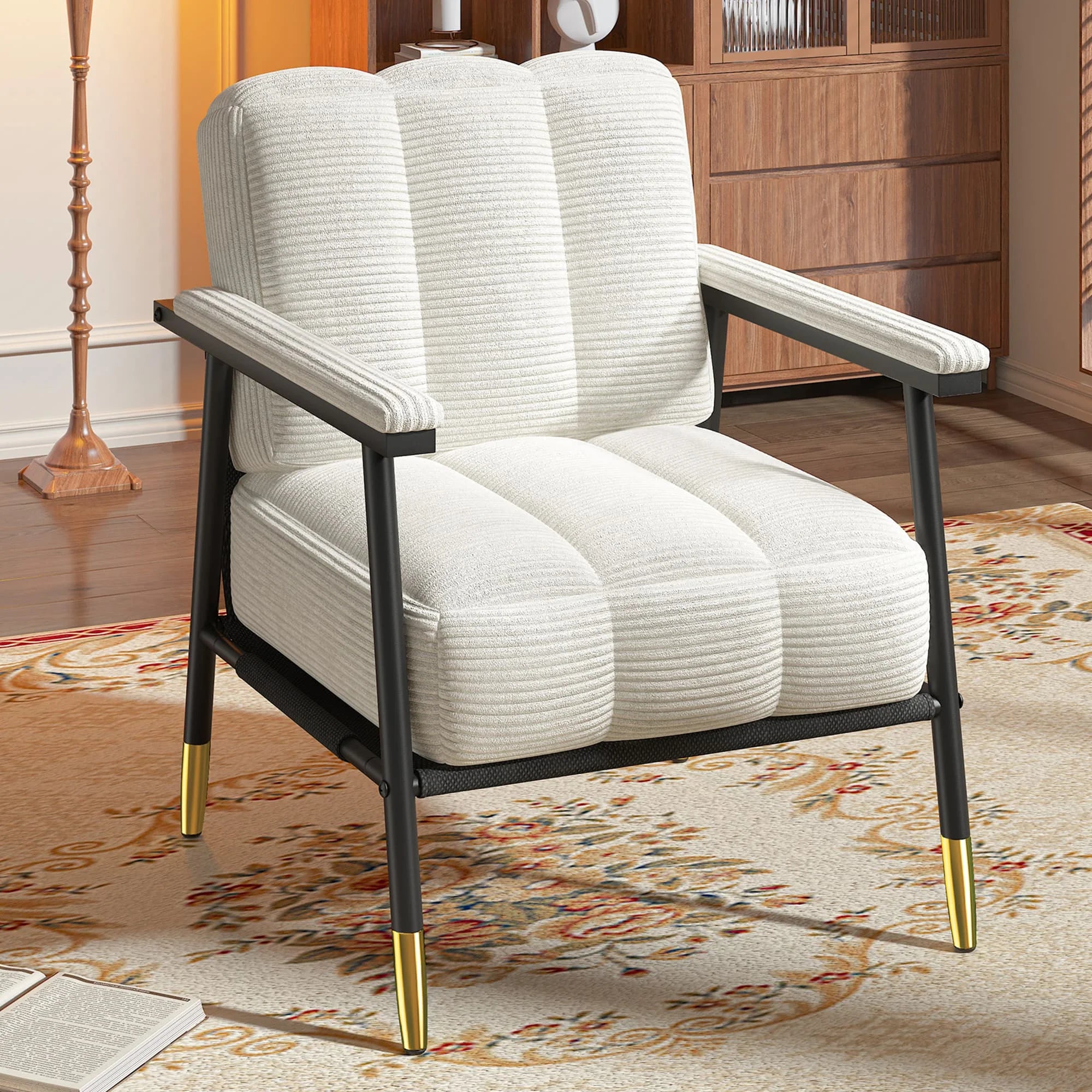 Modern Living Room Chair, Upholstered Armchair with Thick Cushion, Mid-Century Accent Chair with Metal Frame for Bedroom, Balcony and Porch