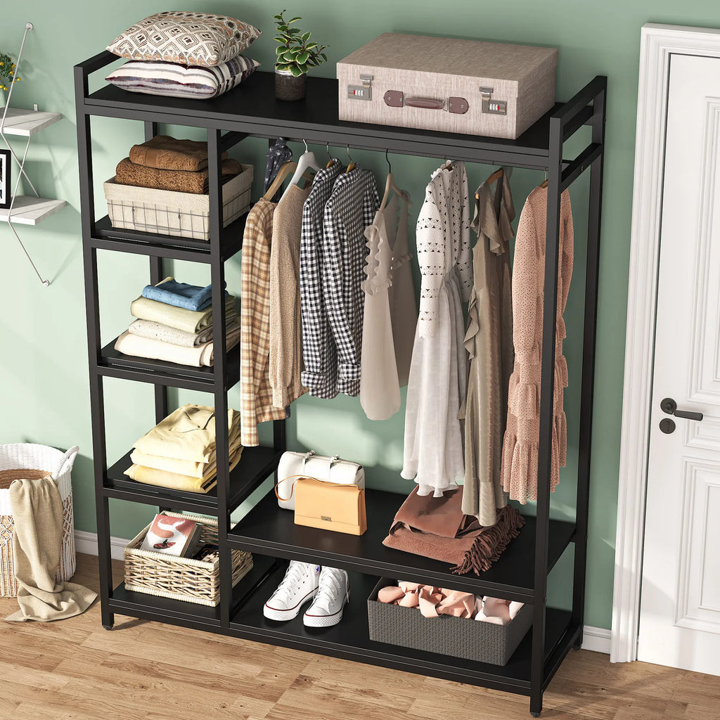 Free Standing Wood Closet Clothes Rack, Grament Rack with Shelves, Hanging Racks for Clothes Clothing Rack for Bedrom