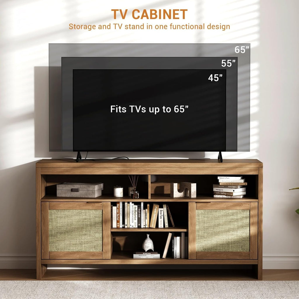 58 in Rattan TV Stand, Natural Oak Entertainment Center-Brown | for Tvs up to 65 Boho Style,Adjustable Shelves Storage,Wooden Console Cabinet for Living Room,Bedroom, Farmhouse