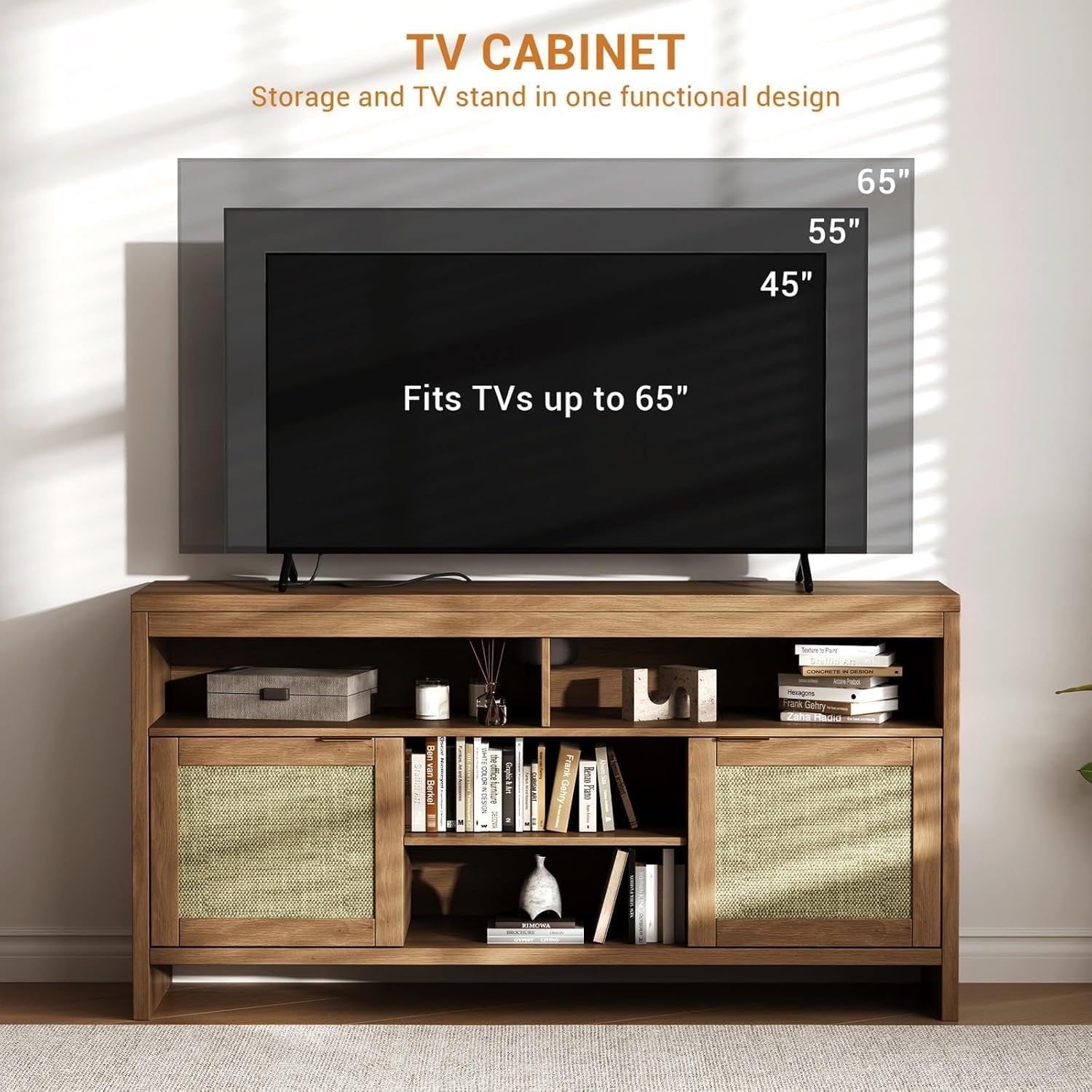 58 in Rattan TV Stand, Natural Oak Entertainment Center-Brown | for Tvs up to 65 Boho Style,Adjustable Shelves Storage,Wooden Console Cabinet for Living Room,Bedroom, Farmhouse