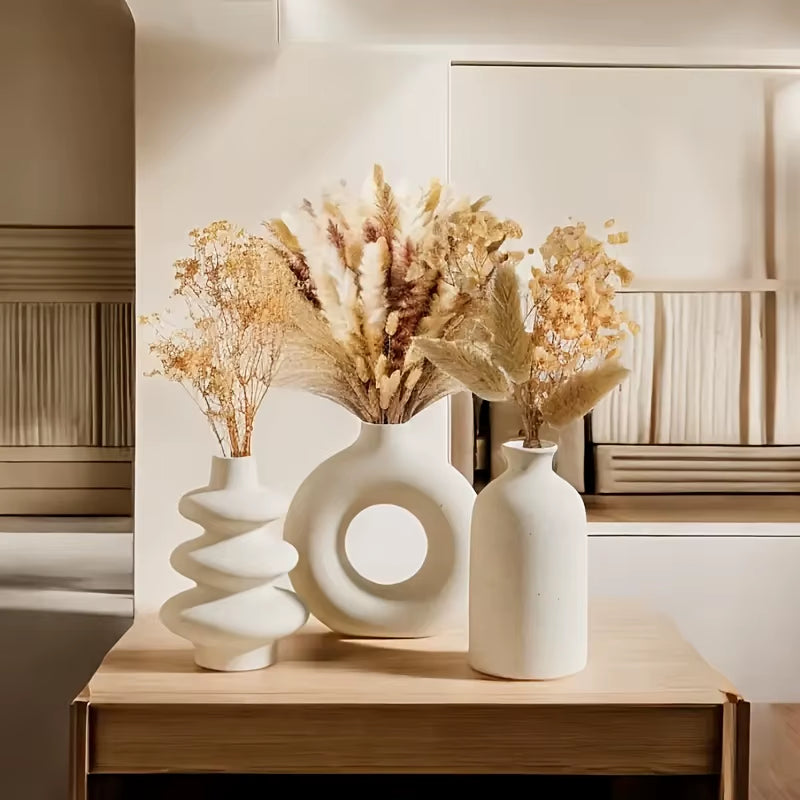 Set of 3 White Ceramic Bohemian Vase Set, Creative Home Decoration Vase Ornaments, Wedding Home Living Room Bedroom Decoration