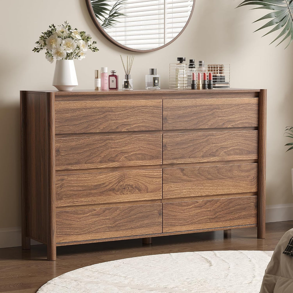 55" Wide Walnut 8 Drawer Dresser for Bedroom with Solid Wood Legs | Mid Century Modern Chest of Drawers with Hidden Handles , Large Wood Storage Dresser for Bedroom