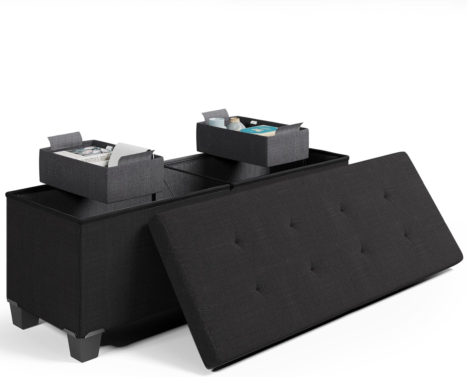Storage Ottoman Bench with Storage Bins, 43-In Storage Bench for Bedroom End of Bed, Large Ottoman Foot Rest, Black Ottoman with Storage for Living Room, Bench with Storage Max 660Lbs, Fabric Ottoman