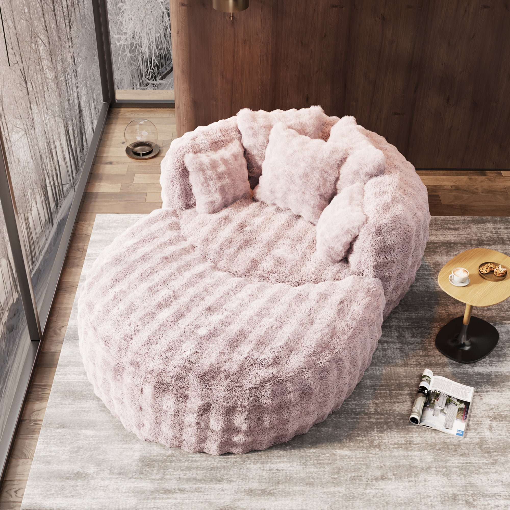 55" W Oversized Chaise Lounge Chair Indoor with Ottoman,Round Reading Sofa Couch with Thickened Backrest & 5 Pillows for Living Room,Pink