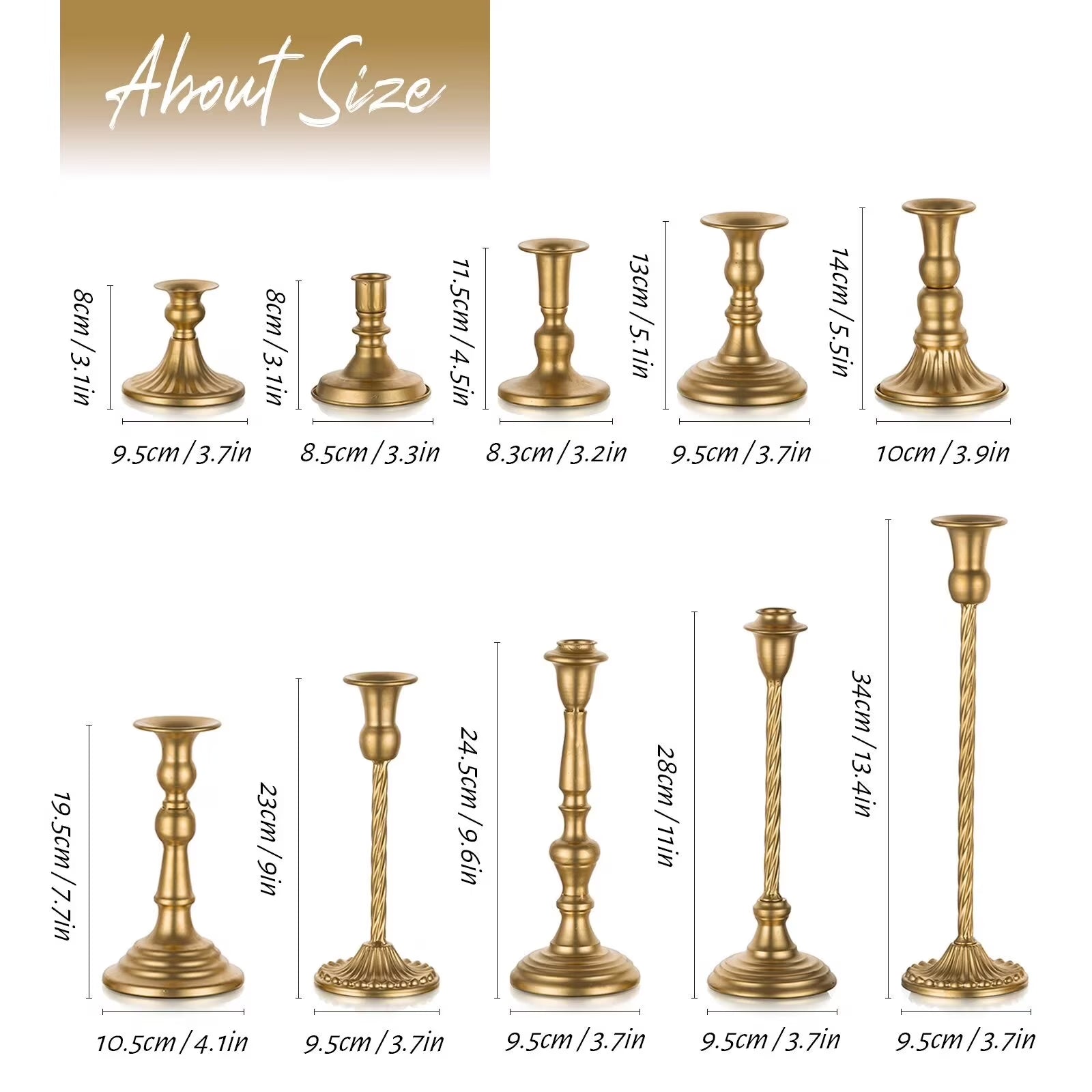 Set of 10 Gold Candlestick Holders, Tall Metal Taper Candle Holder for Candlestick Dinning Table Centerpiece Mantel Decoration